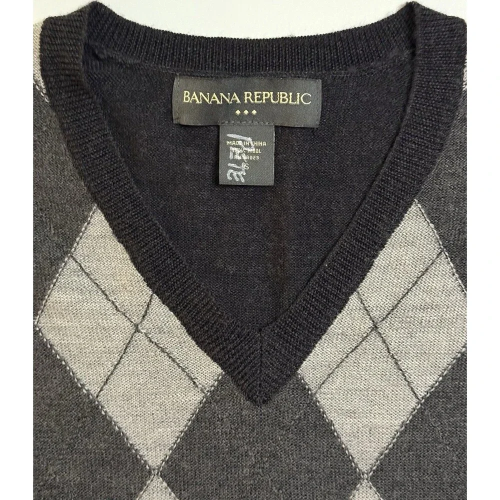 Banana Republic 2007 Style Wool Argyle Sweater Sz S Gray 90s Preppy University